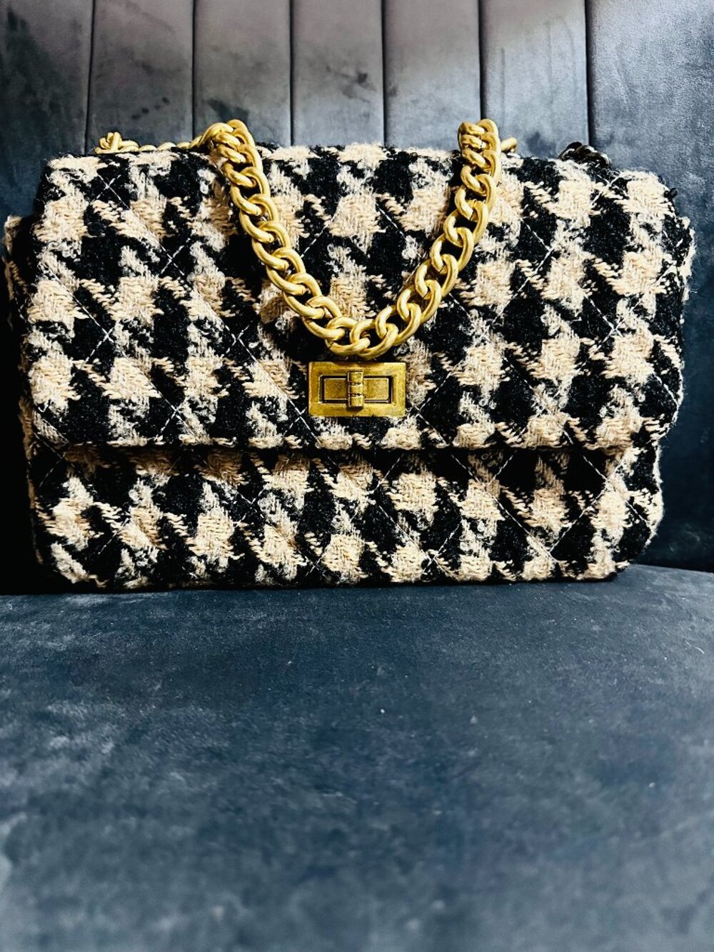 FLAWLESS Mixed-Metal Houndstooth Fantasy Bag with Crimson Interior